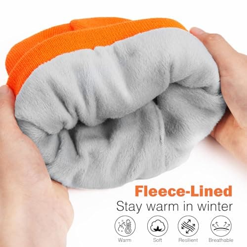 Wmcaps Fleece Lined LED Beanie for Men, Reflective Mens Beanie Hat, Type-C Rechargeable Headlamp with 4 LED Lights, High-Visibility Safety Hat with Torch, Warm for Dad (Bright Orange) — view 2
