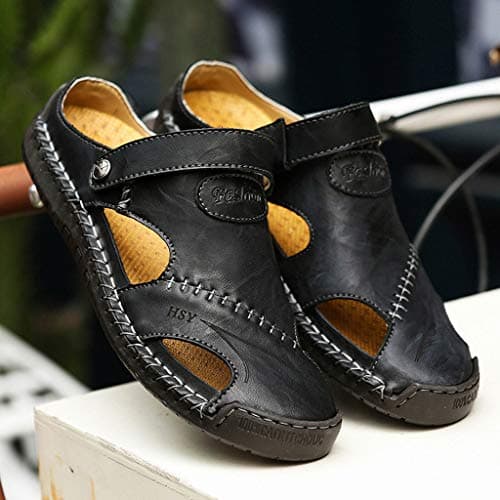 Summer Men'S Casual Leather Sandals, Outdoor Beach Shoes Leather Outdoor Hiking Sandals Closed Toe Casual Walking Sandals Beach Summer Sandals For Hiking Trekking Breathable Travel Slippers — view 3
