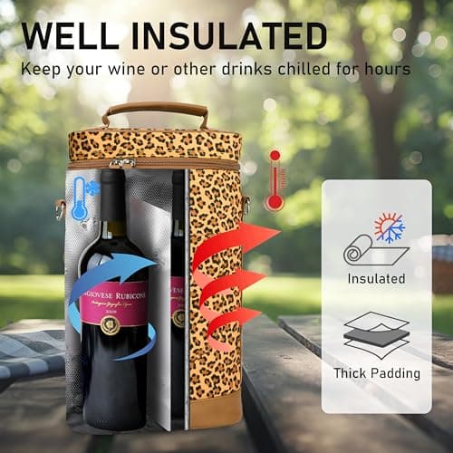 Kato Tirrinia Insulated Wine Cooler Bag Leakproof Padded Portable Wine Carrier with Shoulder Strap 2 Bottle Wine Bag for Camping Travel Beach Picnic Gift for Wine Lovers Leopard Printed — view 5
