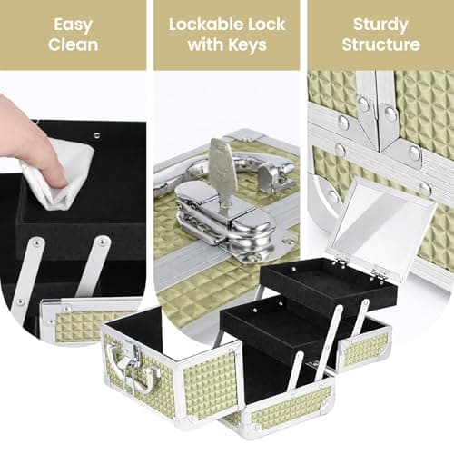 GREENSAPPIRE Makeup Box Vanity Case with Mirror – Lockable Cosmetic Organiser with 2 Trays, Portable Beauty Storage Case for Travel & Home, Rose Gold, 19.5 x 15 x 16 cm — view 3
