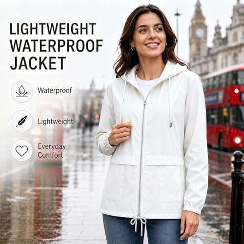 NWDEY Women's Lightweight Waterproof Jacket Ladies Packable Raincoat Hooded Windproof Rain Jacket Coat for Outdoor Travel (UK, Alpha, M, Regular, Regular, White) — view 4