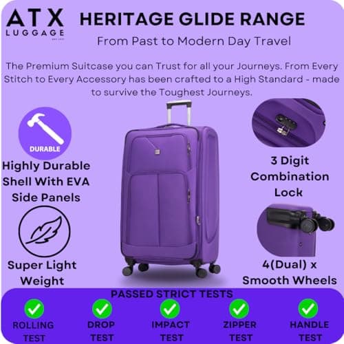 ATX Luggage 24" Medium Suitcase Soft Shell 73L Expandable Lightweight 20-23KG Hold Check in with 4 Spinner Wheels and Built-in 3 Digit Lock (Purple) — view 2