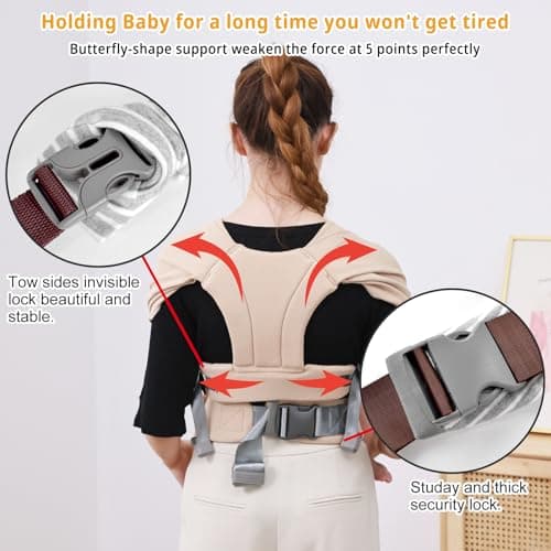 CUBY Half Buckle Baby Wrap Carrier for Newborn, Ergonomic Butterfly Back Shape Baby Sling Carrier, Kangaroo Front & Backpack with Head Cover, for Toddler & Newborn, Up to 35LBS, Apricot — view 5