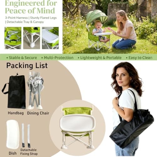 Foldable Baby Travel Seat Booster Feeding Chair for Children Toddlers Infants with Removable Tray & Detachable Sunshade – Toddler Dining Chair for Indoor/Outdoor, Travel, Feeding or Camping (Grey) — view 4