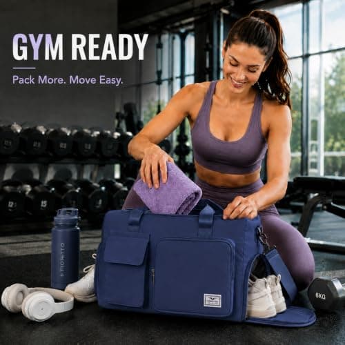 FIORETTO Gym Bag Womens, Sports Bag with Shoe Compartment, Navy Blue — view 2