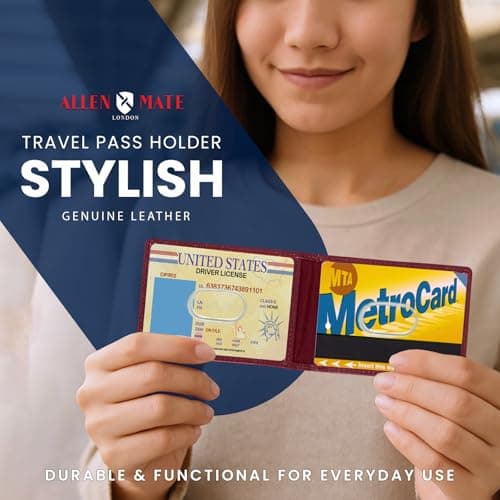 ALLEN & MATE 100% Leather Travel Card Holder - Slim Minimalist Wallet for Travel Bus Pass ID License Oyster Card for Men & Women (Maroon Premium) — view 2