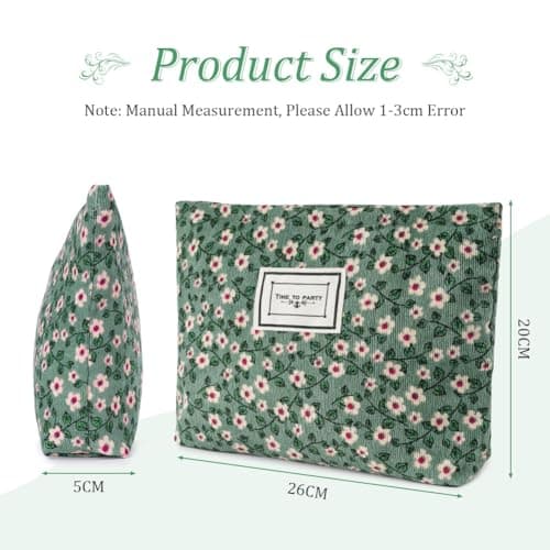 Aucuu Cosmetic Bags for Women, Small Floral Canvas Cosmetic Bag, Rose Flower Printing Corduroy Toiletry Bag, Multifunctional Travel Makeup Bag with Metal Zipper for Women Girls Gift - Green Flower — view 2