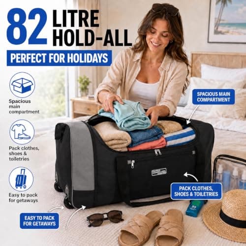 Large Holdall with Wheels, 82L Wheeled Duffle Bag, Black Rolling Travel Bag, Soft Luggage with Zipped Pockets for Holidays, Weekend Trips, Sports, Gym & Overnight Travel — view 2