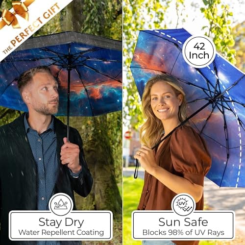 TUMELLA Strongest Windproof Travel Umbrella (Compact, Superior & Beautiful), Small Strong but Light Portable and Automatic Folding Rain Umbrella, Durable Premium Grip, Fits Car & Backpack Black Blue — view 5