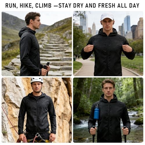 ADUDVLO Men's Lightweight Waterproof Jacket with Pockets, Packable Hooded Windproof Rain Jacket for Travel, Running & Hiking – Includes Carry Pouch (UK, Alpha, M, Regular, Regular, Black) — view 2