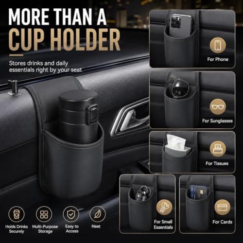 Car Door Storage Pocket, PU Leather Car Door Cup Holder for Car (Brown) — view 5