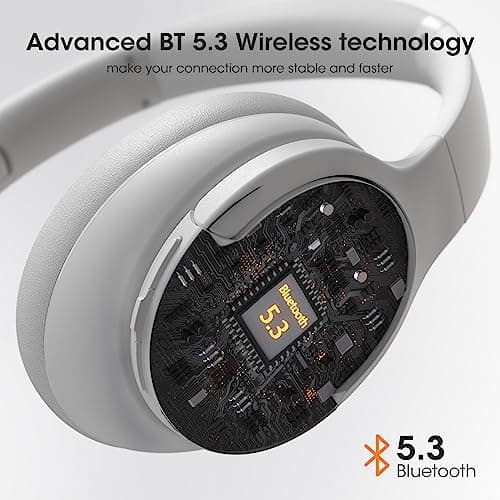 DOQAUS Bluetooth Headphones Over Ear, 90H Playtime Bluetooth 5.3 Wireless Headphones, 3 EQ Mode, HiFi Stereo Bass Headphones Wireless with Mic, Soft Earmuff,Foldable Headphone for Phone/PC(Light Gray) — view 6