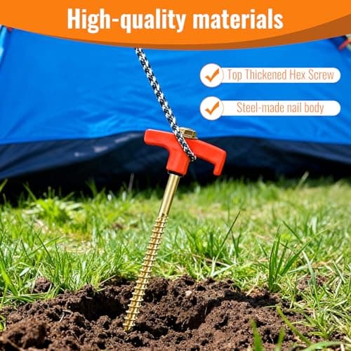 12 Pack Tent Pegs Metal Heavy Duty, Metal Tent Pegs with Thread and Camping Mallet, Includes Drill Adapter & Nail Puller, Ground Anchors for Camping Peg Heavy Duty for Hard Ground, with A T-Handle — view 6