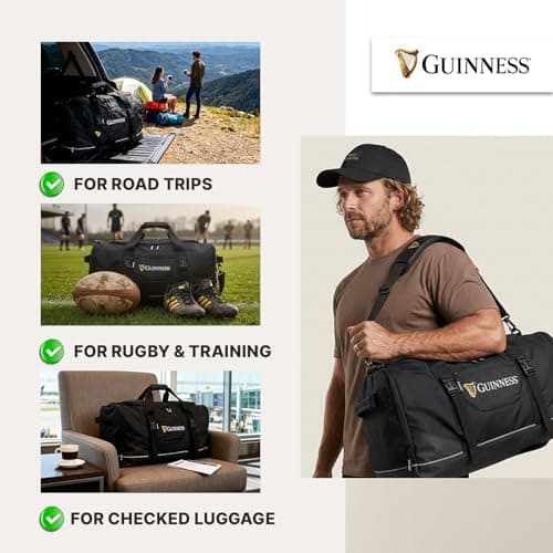 Guinness Official Sports Holdall – Black Duffel Bag with Shoulder Strap, 59x31x29cm, Gym, Travel & Weekend Bag, Spacious Main Compartment, Side Pockets, Branded Zippers — view 4