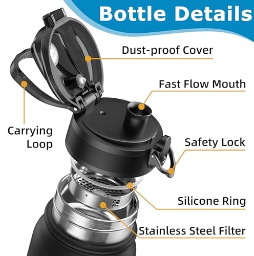 OLDLEY 600ml/20oz Stainless Steel Water Bottle Double Walled Vacuum Flask Keeps Drink Hot and Cold Leakproof BPA Free 600ML Metal Insulated Water Bottle for Sport School Work Outdoor Hiking (Black) — view 2