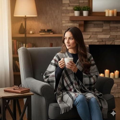 BRAW CLANS TARTANS Soft wool Tartan Poncho Blanket cape made in Scotland - Ruana cloak style - full body shawl - Mothers day Gift - Home, Travel, Camping - Thomsn Grey Tartan — view 2