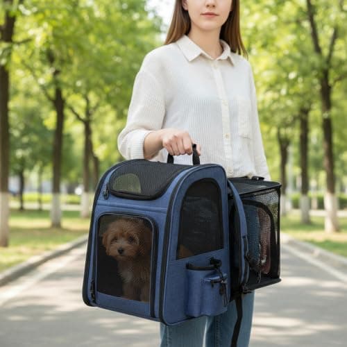 Large Pet Carrier Backpack with Wheels for Small & Medium Cats/Dogs (Blue) — view 3