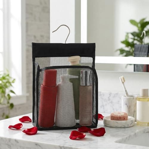 Bremorou Mesh Shower Bag Organizer, Portable PVC Bathroom Storage Bag for Travel, Lightweight Shower Bags for Gym and Swimming, Caddy Organizer for RV, Black Mesh Toiletry Bags with Hooks — view 6