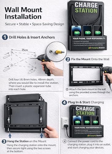 Commercial Wall Mounted Cell Phone Charging Station with 6 Charging Cables — view 3