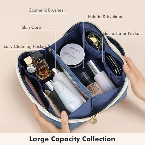 Prite Travel Makeup Bag Flat Lay Cosmetic Case with Brush Pocket, Blue, M — view 3