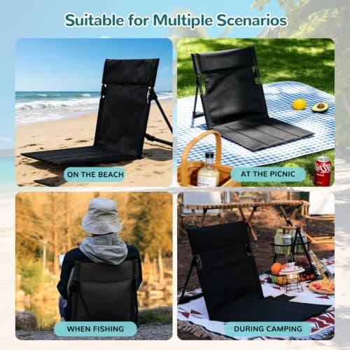 Xiyingcai Ultra Lightweight Folding Floor Chair, Portable Beach Floor Chair with Back Support & Thickened Pad, Low Beach Chair for Travel Camping BBQ, Black — view 6