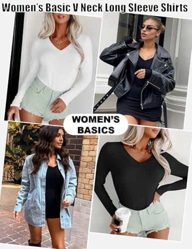 Ekouaer Womens 1&3 Pack Long Sleeve Shirts Sexy V Neck Tee Black + Grey Brown + White S — view 3