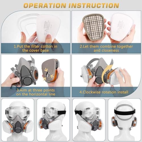 LAMANICE Respirator Mask with 10Pcs Filter Cottons, Goggles and Earplug, for Organic Vapors, Chemicals, Sanding, Welding, Woodworking, Paint, Dust, Formaldehyde (Grey) — view 6
