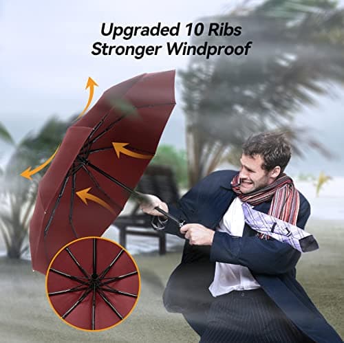 TechRise Umbrella Compact Windproof Travel Umbrellas: Easy Auto Open Close, Strong Fiberglass Frame, Durable Folding Lightweight Portable Automatic Backpack Umbrella for Men and Women, 10 Ribs — view 2