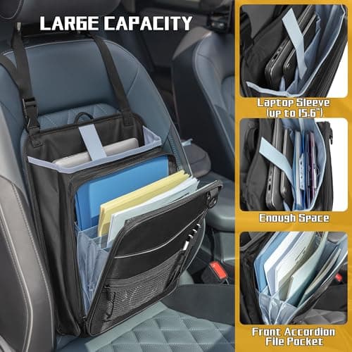 Luxja Car Front Seat Organiser with Accordion File Pocket, Black — view 2
