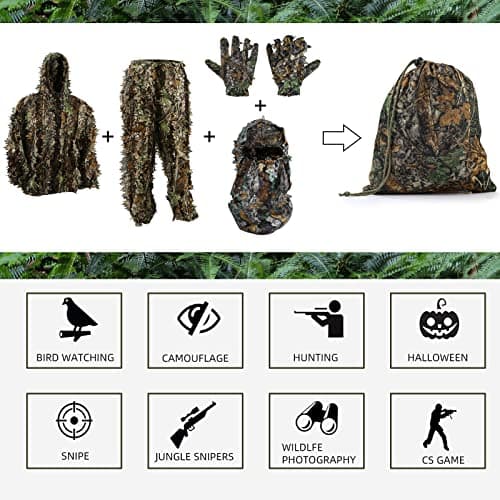 Zicac 5 Pcs Ghillie Suit, 3D Leaf Camouflage Uniform, Mask, Gloves, Storage Bag Set, Suitable for Outdoor Hunting, Wildlife Photography, CS Game — view 6
