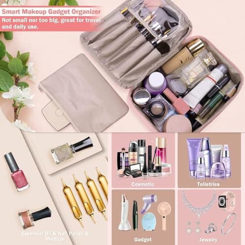 Travel Makeup Bag [with Brushes Holder & Detachable Pouch] Cosmetic Bag Large Capacity Waterproof Makeup Case Storage Organiser for Women & Girls (Pink) — view 2