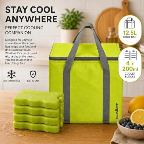 Summit Insulated Cooler Bag & Reusable Ice Blocks - 12.5L Thermal Lunch & Picnic Bag with 2 x 200ml Twin Pack Cooler Blocks | Keeps Food & Drinks Cooler for Longer | For Camping, BBQs, Beach, Travel — view 2