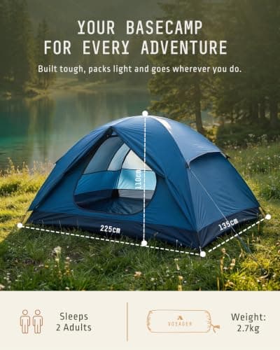 Voyager 2 Man Tent - Waterproof, Windproof, Quick Setup, Spacious 2-Person Camping Tent, Durable, Lightweight Outdoor Shelter, Ideal for Hiking, Backpacking, Camping- 225x135x110cm (Navy) — view 5