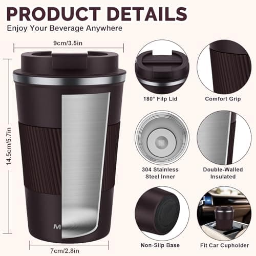 MOMSIV Coffee Cup, Insulated Coffee Cup with Leakproof Lid, Non-Slip Vacuum Reusable Stainless Steel Eco-Friendly Travel Office Mug for Hot and Cold Water Coffee and Tea, 380ml/13oz(Brown) — view 2