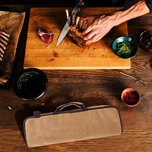 XITVVyg Chef Knife Case (12 Pockets), Heavy Duty Waxed Canvas Storage with Handle, Multi-Function Knife Tool Roll Bag for Home Kitchen Traveling (Khaki) — view 6