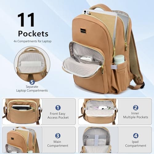 POWER KING 15.6'' Laptop Backpack Womens/Mens, Waterproof Rucksack Bag with Anti-theft Pouch, Lightweight Small Backpack Casual Daypack for Travel/College/Work (Khaki, 25L) — view 3