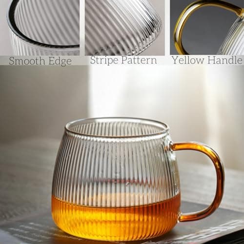 AVLA 6 Pack Glass Coffee Mugs, 16OZ/480ML Unique Vertical Stripes Coffee Cup, Clear Large Tea Glasses with Handle, Vintage Transparent Glassware for Hot/Cold Beverages, Cappuccino, Latte, Juice — view 6