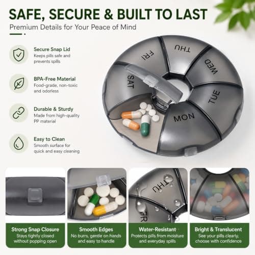 Weekly Pill Box 7 Day Organiser, Round Travel Pill Box with Daily Compartments, Portable Tablet Organiser Medicine Box for Vitamins, Supplements, Medication, Compact Pill Case with Snap Lid (Black) — view 6