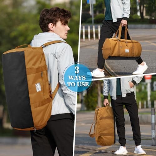 Lyweem Sports Gym Bag Men - 60L Large Travel Duffle Bag with Shoe Compartment, Weekend Holdall Bags, Overnight Duffel Bag Backpack, Brown — view 2