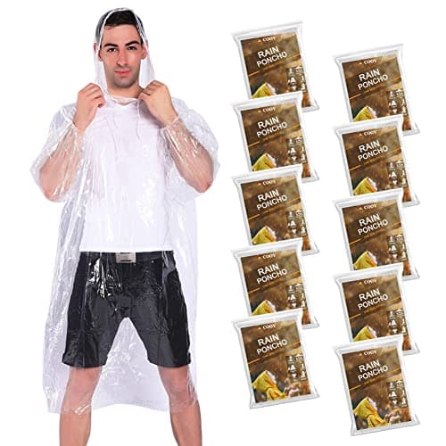 COOY Rain Ponchos Drawstring Hood 10 Pack Emergency Disposable Rain Ponchos Family Pack Adults,Fit Men Women, Perfect Disneyland,Clear