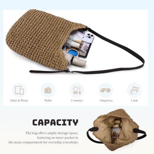 EVEOUT Women Straw Shoulder Bag with Leather Strap Summer Boho Faux Raffia Woven Tote Bag for Beach Holiday Travel — view 5