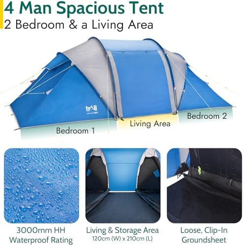 Trail Hartland 4 Man 2 Room Tent With Living Area and Awning, 3000mm Waterproof Rating, Tunnel Tent with Dark Zone Bedroom Technology, Family Camping, Bag Included (420cm x 210cm x 140/115cm) — view 4
