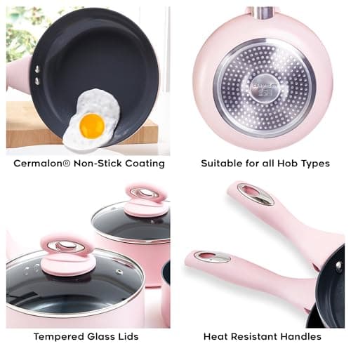 Cermalon Blush Pink 5-Piece Ceramic Cookware Set - Includes 2X Frying Pans and 3X Saucepans with Grey Sparkle Ceramic Non-Stick Coating - Compatible for All Types of Hobs - PTFE and PFOA Free — view 3