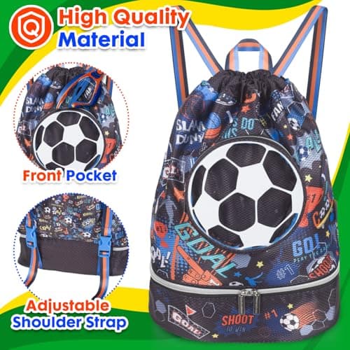 PinkSheep Swimming Bag for Kids, Gym Drawstring Backpack for Girls Boys - Waterproof Beach Bags with Shoes Compartment and Wet Proof Pocket for Swimming Pool Beach Travel School (Football) — view 3