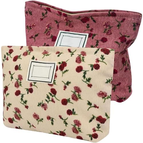2 PCS Floral Makeup Bags Floral Cosmetic Bag Rose Flower Printing Corduroy Toiletry Bag Pink Quilted Cosmetic Pouch Makeup Organizer Cotton Portable Pouch with Metal Zipper for Women Girls
