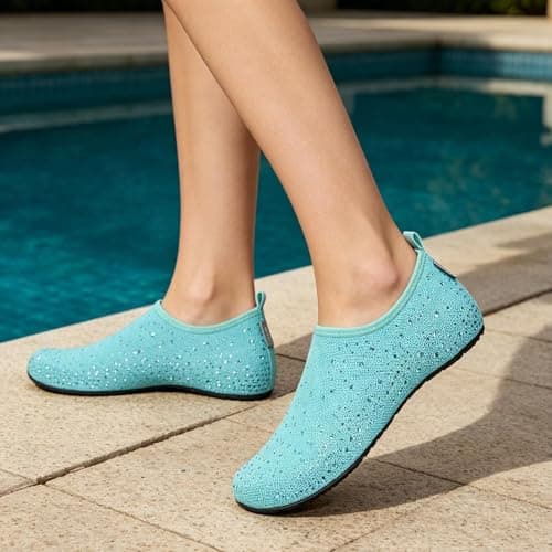 Water Shoes Women Men Beach Swim Shoes Quick Dry Barefoot Shoes Lightweight Aqua Sea Wet Shoes Sport Shoes with Rhinestones for Rocky Stone Beach Swimming Pool Seaside Sports (Sky Blue, 4.5) — view 4