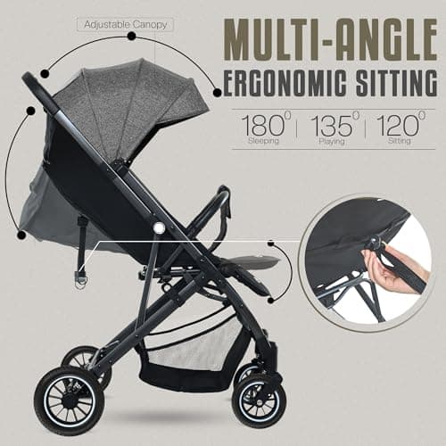 FK Sports Baby Pushchair Stroller Pram from Birth to 3 Years Lightweight Foldable Travel Buggy with 5-Point Harness, Adjustable Seat and Oversized Basket with Cup Holder Smooth Swivel Wheels (Grey) — view 2