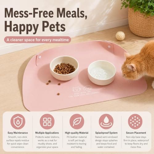 Pet Feeding Mat, Pink Waterproof Cat Dog Placemat 45x30cm with Foldable Raised Edges, Wipe-Clean PU Leather Dog Bowl Mat for Food Water Bowls, Cats & Small Dogs — view 3