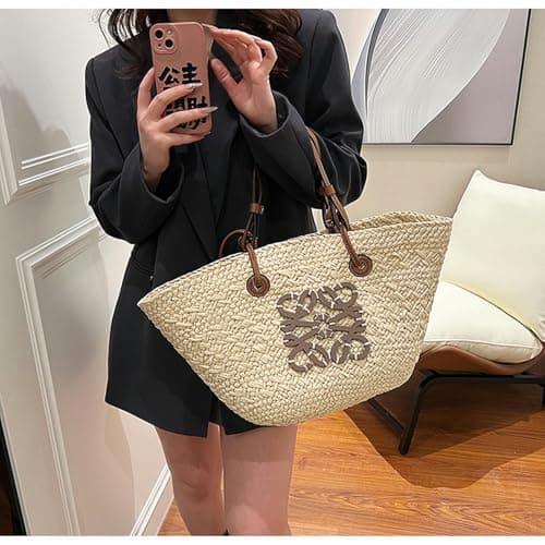 OPLKIOP Straw Shoulder Bag - Women's Woven Straw Handbag - Large Summer Beach Leather Tote With Zipper-White — view 2