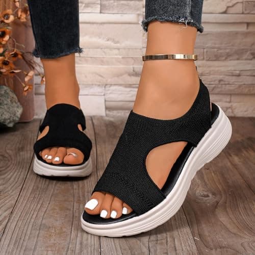 Water Shoes Women, Womens Trainers Ladies Summer Fashion Casual Plus Size Cushioned Sandal Wedge Shoes Walking Lightweight Comfy Breathable Shock Abosrbing Orthopedic Swim Sandals Arch Support Black — view 3
